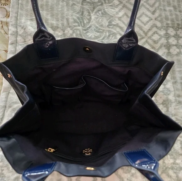 Tory Burch Ella Navy Blue Nylon Shine Tote Bag - Picture 3 of 5
